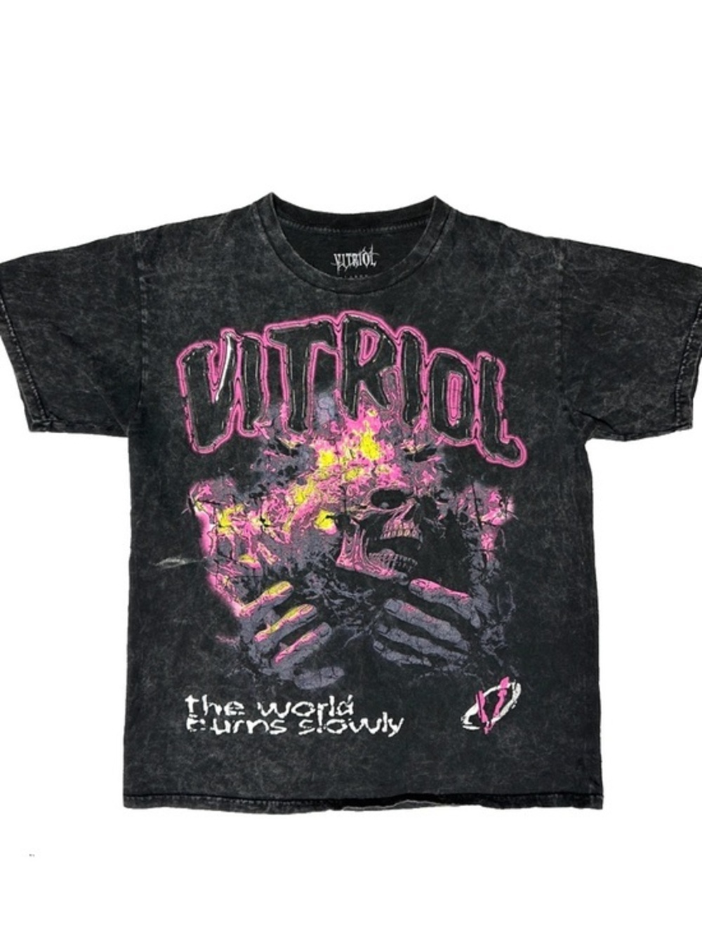 Vitriol Slow Burn Black Acid Wash T-Shirt Cotton Skull Punk Streetwear Skater L